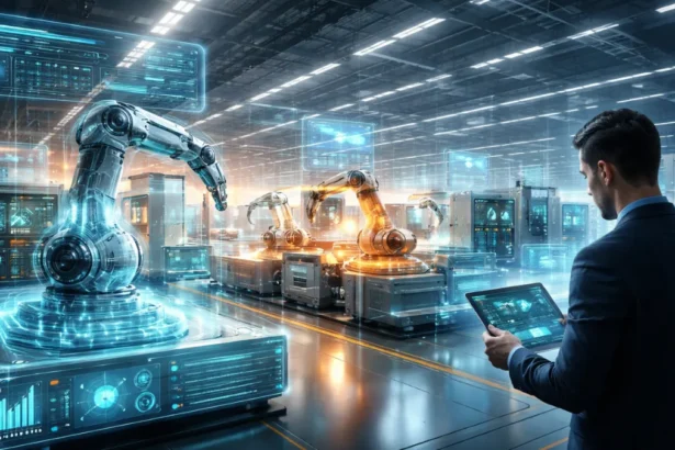 Editorial illustration of industrial machines connected to digital twin data overlays