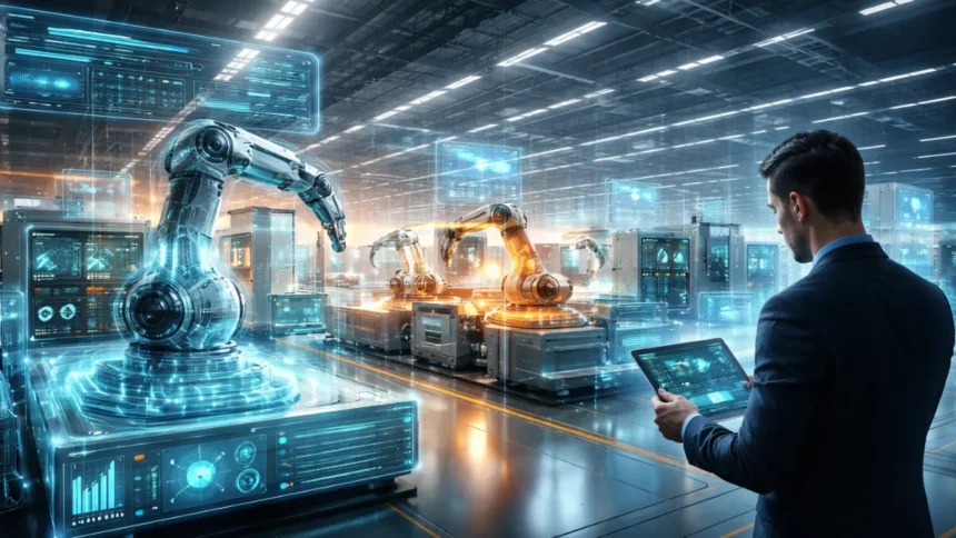 Editorial illustration of industrial machines connected to digital twin data overlays