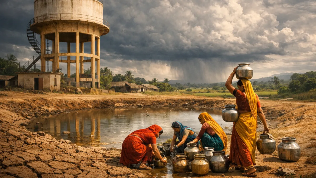 Editorial illustration of rural India facing water scarcity near a shrinking pond and water tank