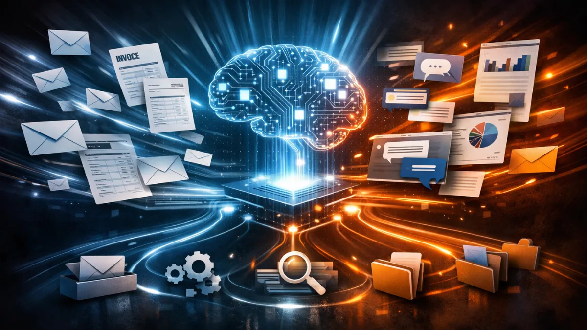 Emails, invoices, and messages moving through an AI-powered workflow system