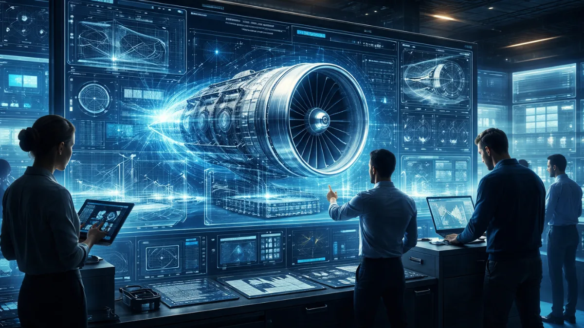 Engineers reviewing a digital twin interface for industrial and aerospace systems