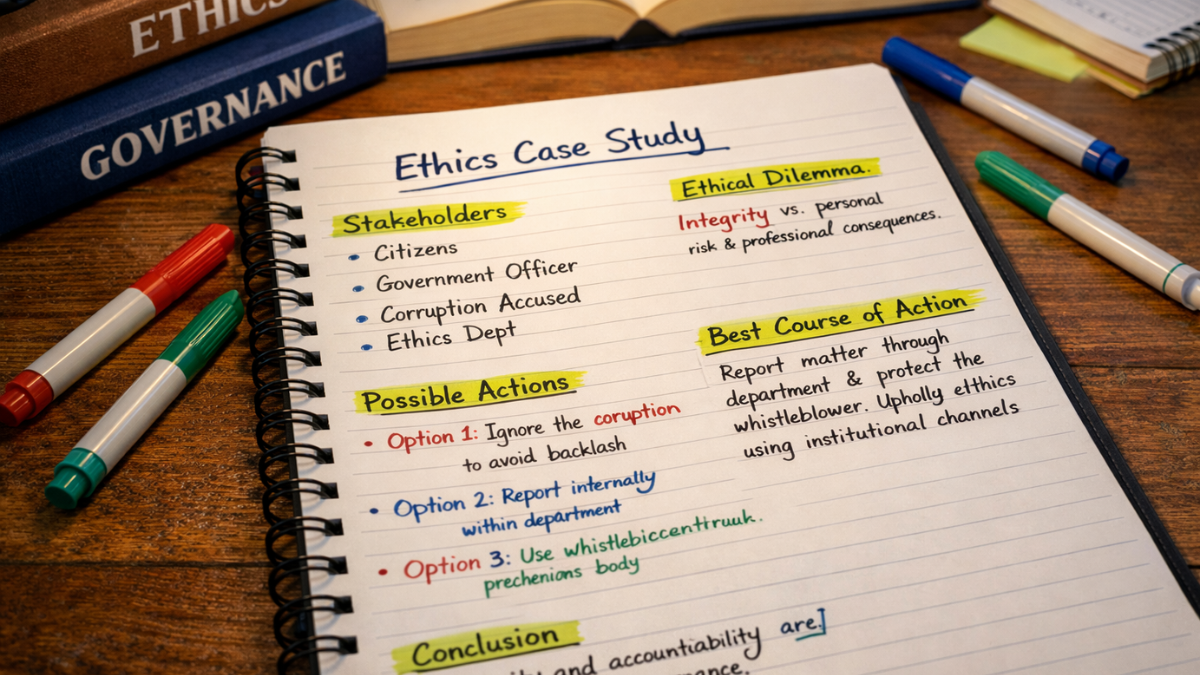 Ethics case study writing practice sheet for government exam preparation