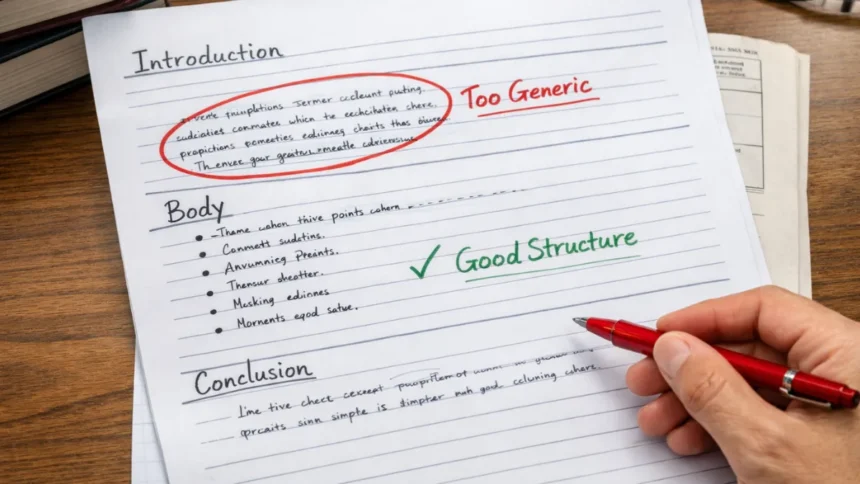 Examiner marking answer sheet highlighting answer writing mistakes in government exams.