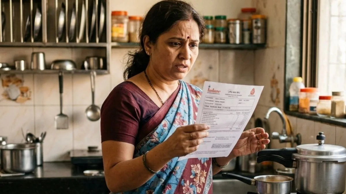 Gas cylinder price hike in India 2026 showing woman checking LPG bill in kitchen