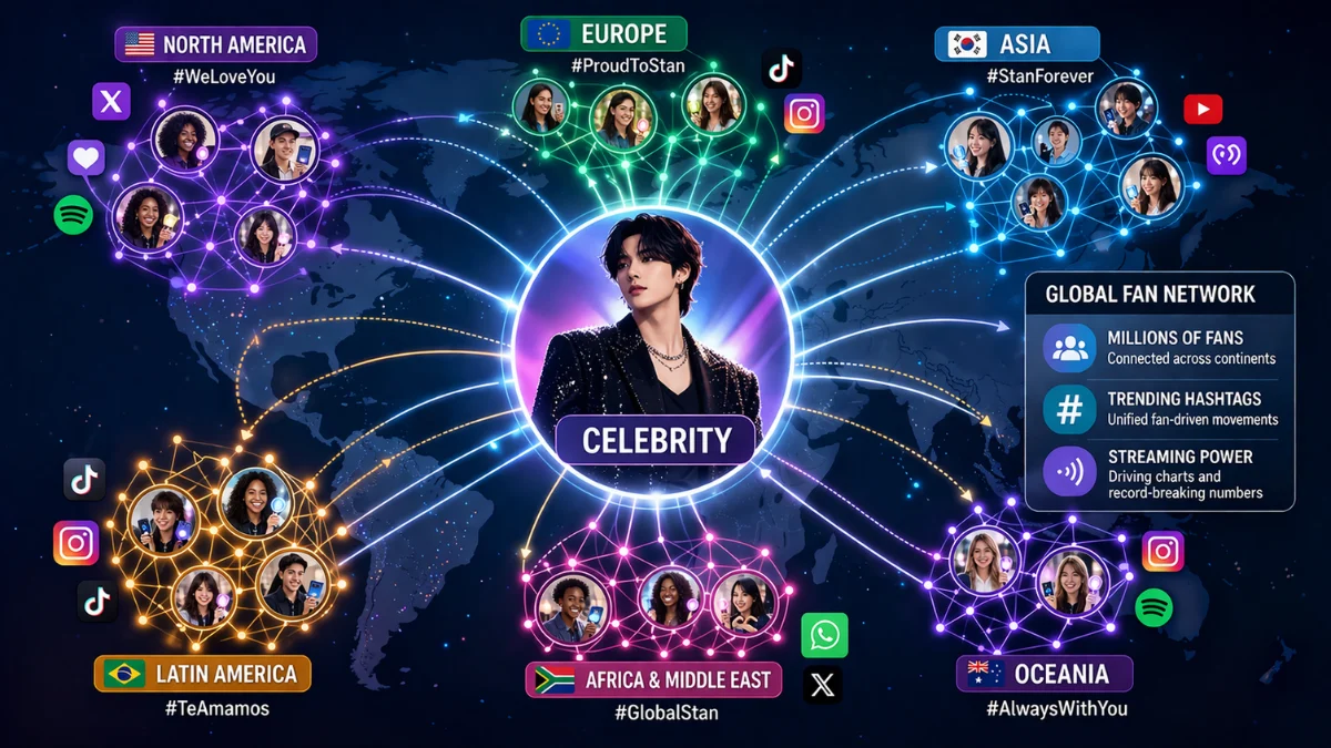 Global fan network connected to a central celebrity figure