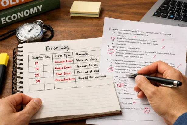 Government exam aspirant analyzing mock test paper and categorizing mistakes for performance improvement.