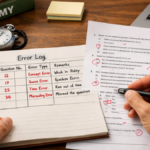 Government exam aspirant practicing daily answer writing with structured notebook and stopwatch