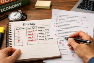 Government exam aspirant practicing daily answer writing with structured notebook and stopwatch