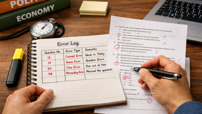 Government exam aspirant practicing daily answer writing with structured notebook and stopwatch