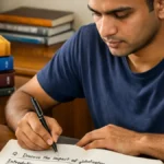 Government exam aspirant practicing timed answer writing to improve speed.