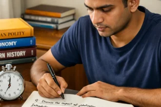 Government exam aspirant practicing timed answer writing to improve speed.