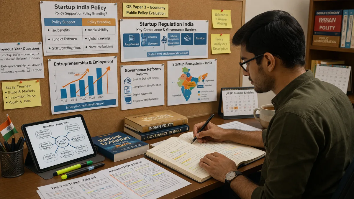 Government exam aspirant preparing notes on Startup India Policy and startup regulation India