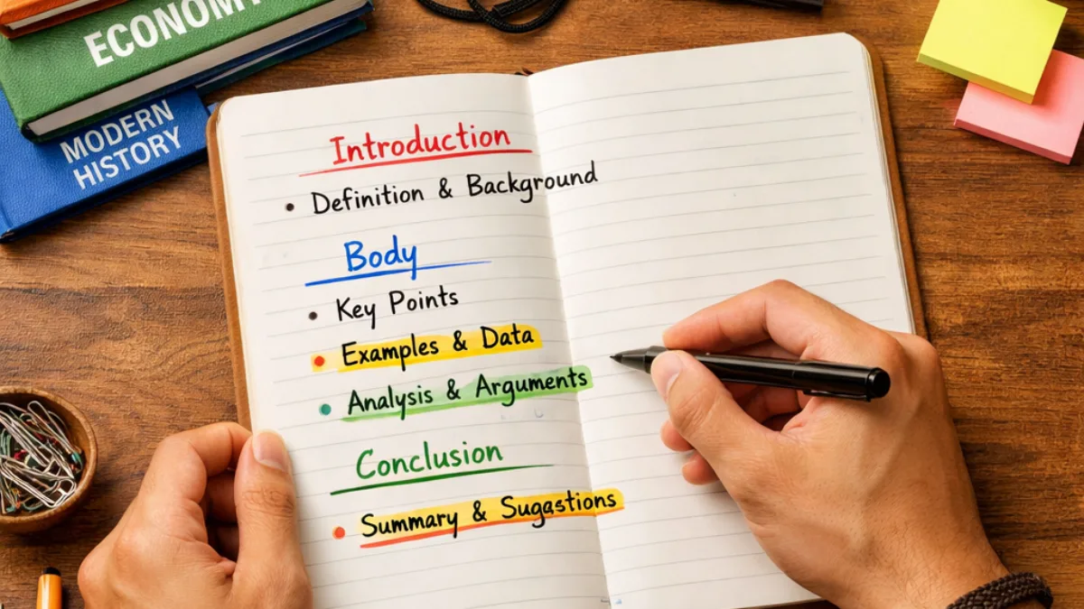 Government exam aspirant writing a structured topper-style answer with highlighted keywords and exam books on desk