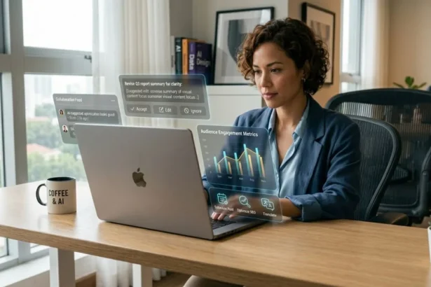 Human working with AI tools in modern office environment