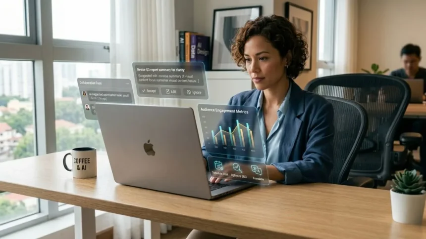 Human working with AI tools in modern office environment