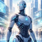 Humanoid AI representing AGI in a future urban environment