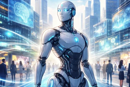 Humanoid AI representing AGI in a future urban environment