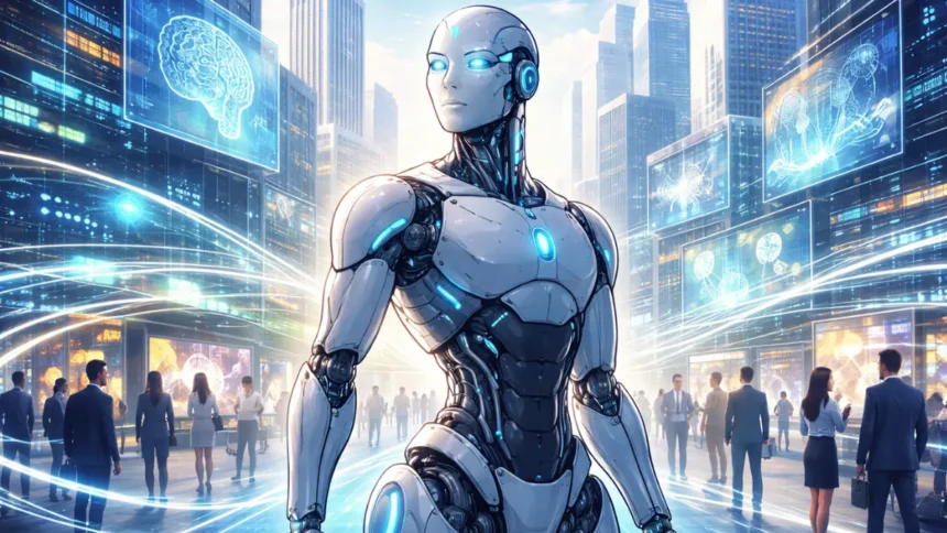 Humanoid AI representing AGI in a future urban environment