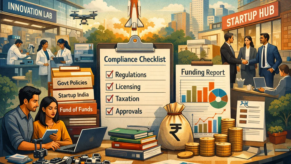 Illustration of India’s startup ecosystem showing innovation, funding, and regulatory challenges