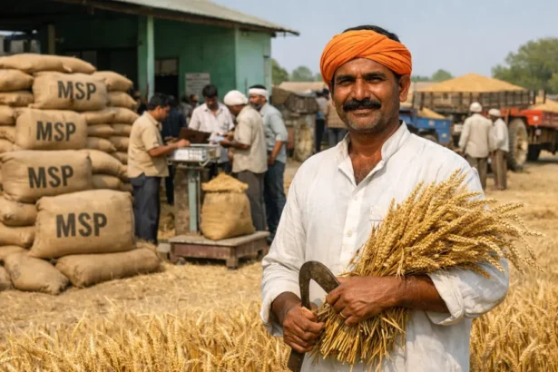 Indian farmers selling wheat at a government mandi under the Minimum Support Price (MSP) procurement system