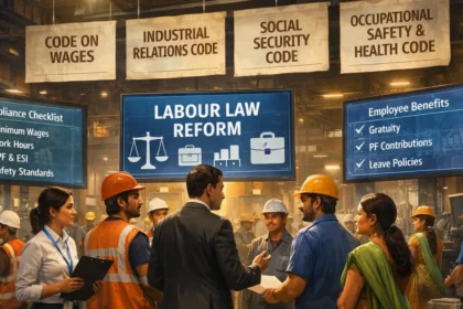 Indian workplace scene showing workers and managers under digital labour compliance screens (1)