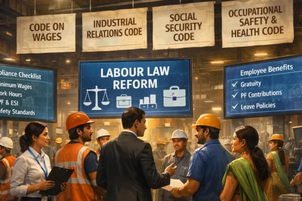 Indian workplace scene showing workers and managers under digital labour compliance screens (1)