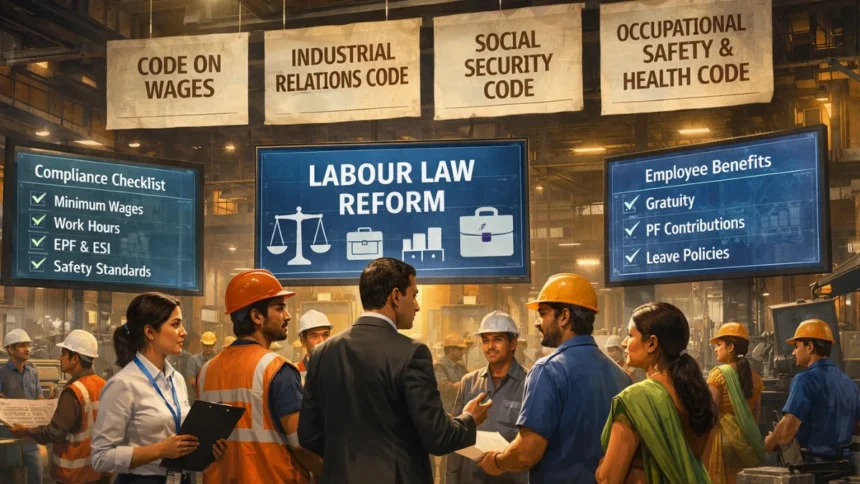 Indian workplace scene showing workers and managers under digital labour compliance screens (1)