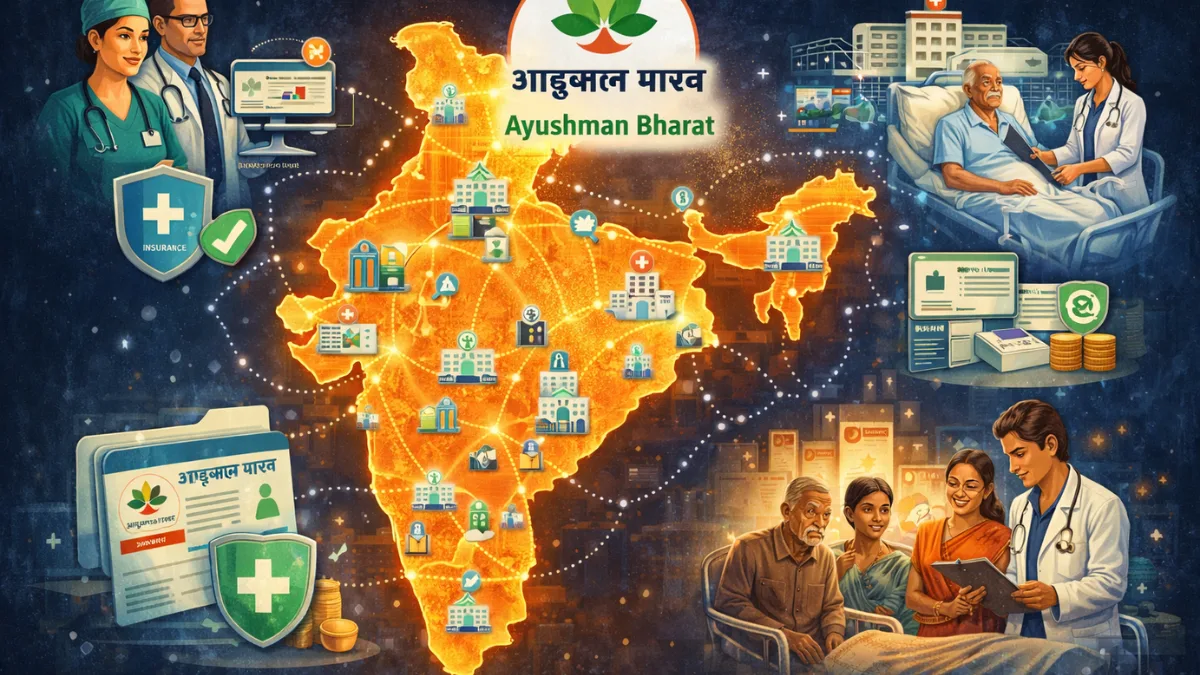 Infographic-style illustration showing nationwide healthcare coverage under the Ayushman Bharat scheme in India