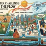 Magazine-style artwork depicting farmers, cities, and policymakers within India’s water security system