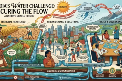 Magazine-style artwork depicting farmers, cities, and policymakers within India’s water security system