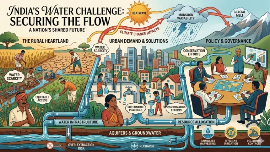 Magazine-style artwork depicting farmers, cities, and policymakers within India’s water security system