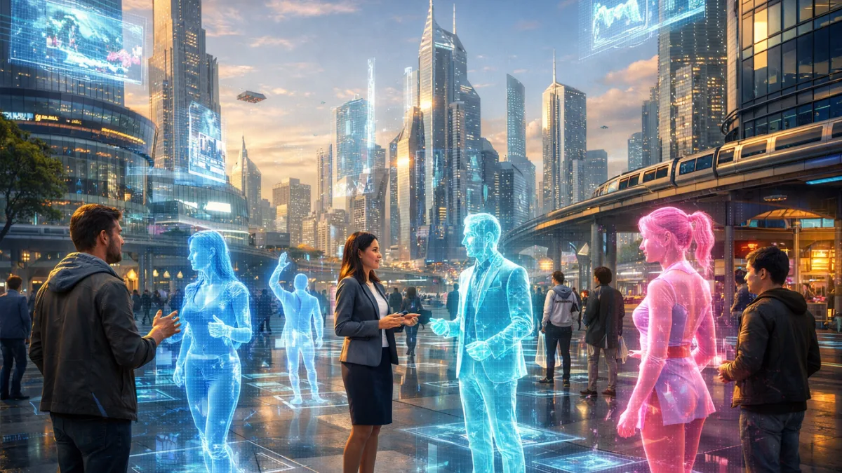 Metaverse futuristic city with digital avatars interacting in virtual space