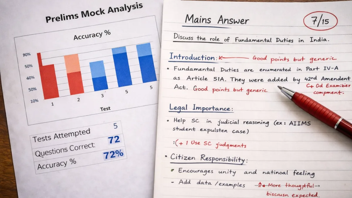 Mock test analysis and evaluated answer sheet illustrating Prelims vs Mains Strategy for government exams.