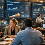 . A professional illustration of a business leader observing a transparent AI automation control panel connected to multiple departments including marketing, operations, customer service, and recruitment, symbolizing workflow transformation,