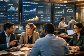 . A professional illustration of a business leader observing a transparent AI automation control panel connected to multiple departments including marketing, operations, customer service, and recruitment, symbolizing workflow transformation,