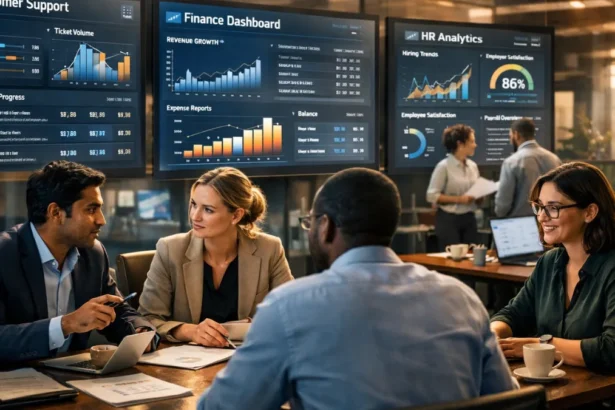 . A professional illustration of a business leader observing a transparent AI automation control panel connected to multiple departments including marketing, operations, customer service, and recruitment, symbolizing workflow transformation,