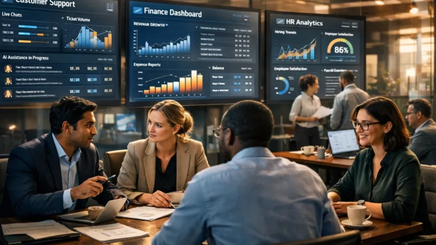 . A professional illustration of a business leader observing a transparent AI automation control panel connected to multiple departments including marketing, operations, customer service, and recruitment, symbolizing workflow transformation,