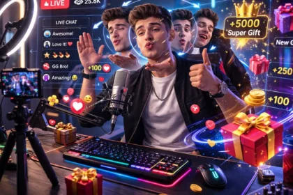 NPC streamer reacting to digital gifts in a looped live session