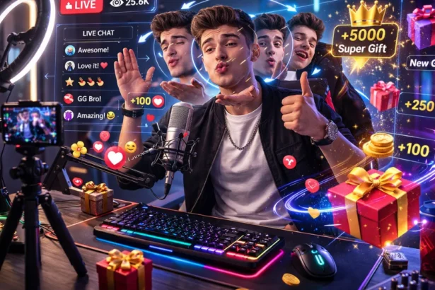 NPC streamer reacting to digital gifts in a looped live session