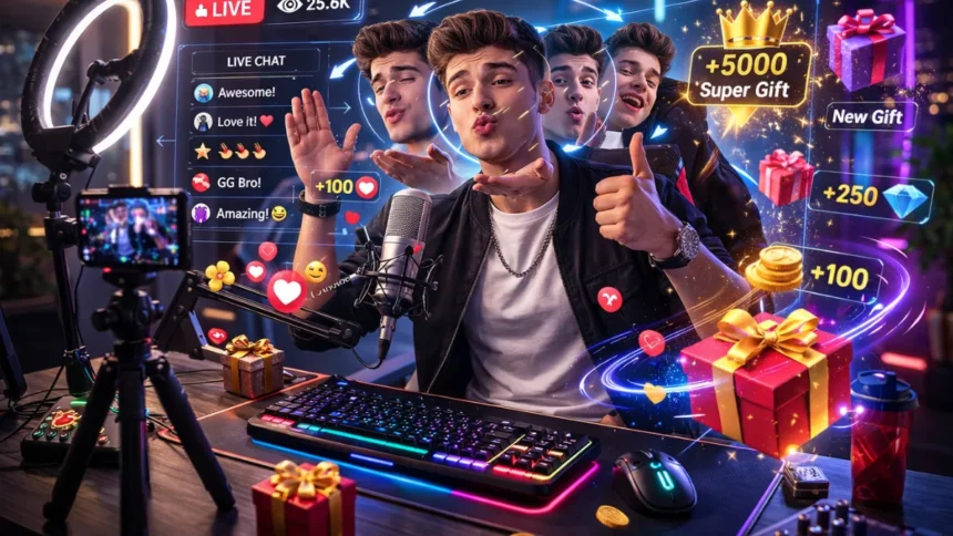 NPC streamer reacting to digital gifts in a looped live session