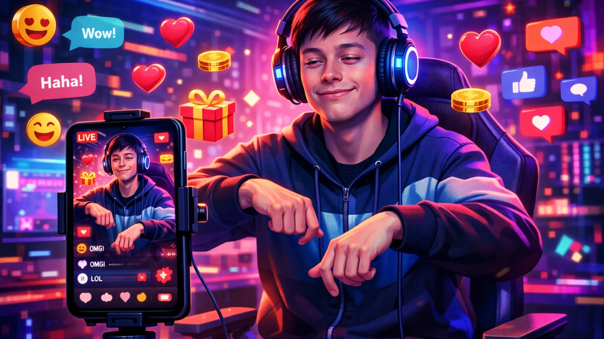 NPC streaming meaning illustrated with livestreamer acting like a robotic character responding to virtual gifts on social media (1)