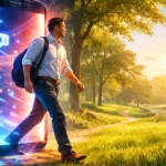 Person stepping out of a smartphone screen onto grass in a sunny park