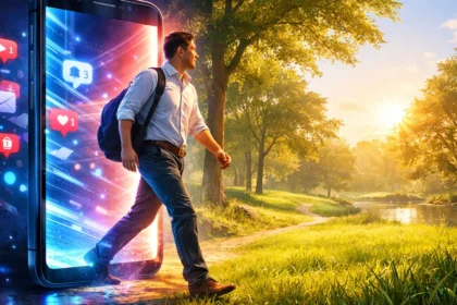 Person stepping out of a smartphone screen onto grass in a sunny park