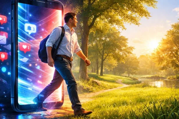 Person stepping out of a smartphone screen onto grass in a sunny park