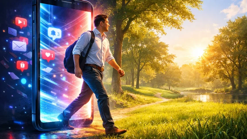 Person stepping out of a smartphone screen onto grass in a sunny park