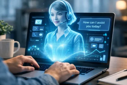 Person using AI assistant on laptop showing how AI agents work in daily tasks