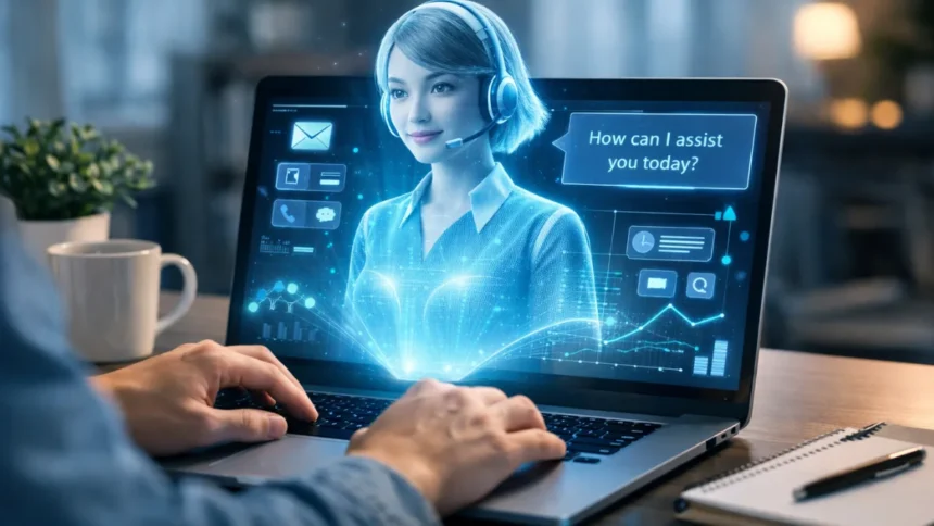 Person using AI assistant on laptop showing how AI agents work in daily tasks