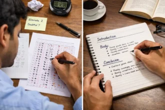 Prelims vs Mains Strategy comparison showing MCQ solving and structured answer writing in Indian government exam setup.
