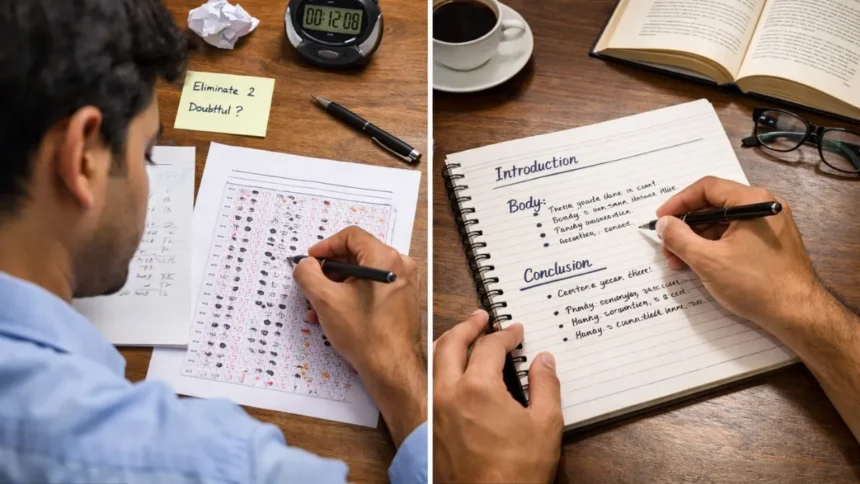 Prelims vs Mains Strategy comparison showing MCQ solving and structured answer writing in Indian government exam setup.