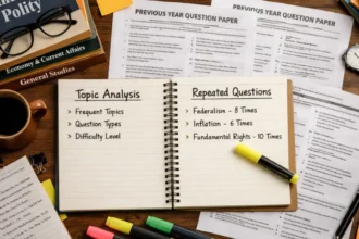 Previous year questions analysis study desk with notes and highlighters
